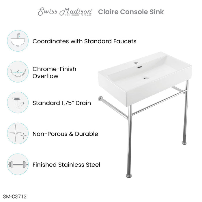 Swiss Madison Claire 30 Ceramic Console Sink White Basin Chrome Legs - SM-CS712