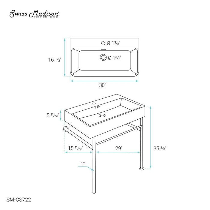 Swiss Madison Claire 30 Ceramic Console Sink White Basin Gold Legs - SM-CS722