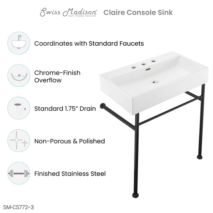 Swiss Madison Claire 30" Console Sink White Basin Black Legs with 8" Widespread Holes - SM-CS772-3