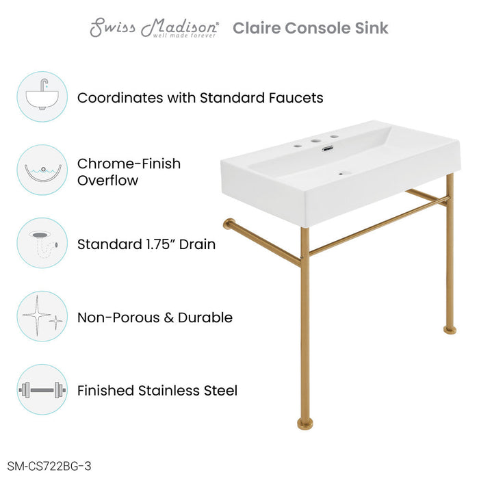 Swiss Madison Claire 30" Console Sink White Basin Brushed Gold Legs with 8" Widespread Holes - SM-CS722BG-3