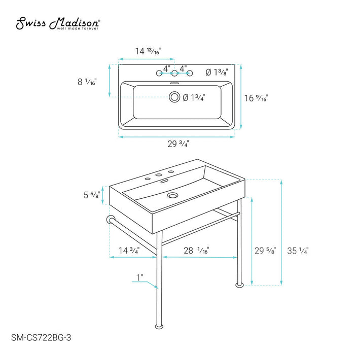 Swiss Madison Claire 30" Console Sink White Basin Brushed Gold Legs with 8" Widespread Holes - SM-CS722BG-3