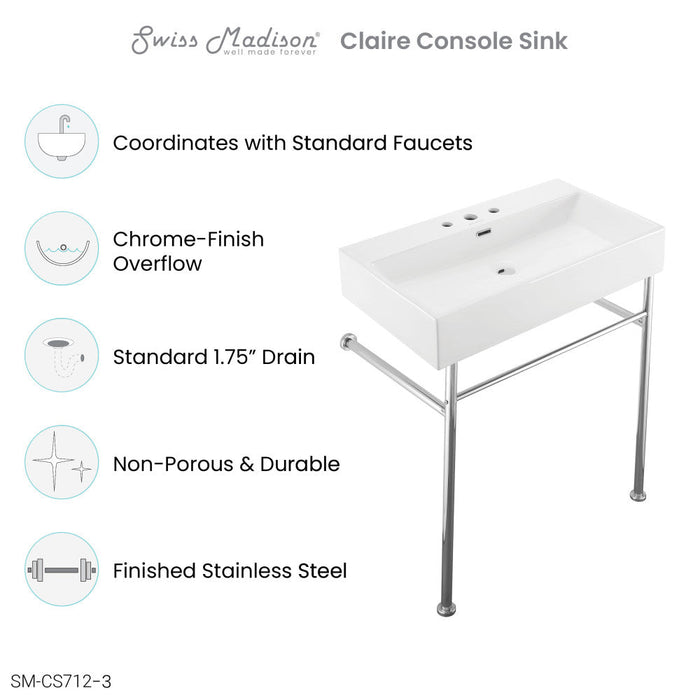 Swiss Madison Claire 30" Console Sink White Basin Chrome Legs with 8" Widespread Holes - SM-CS712-3