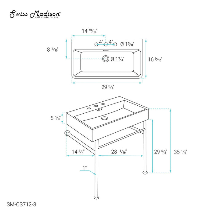 Swiss Madison Claire 30" Console Sink White Basin Chrome Legs with 8" Widespread Holes - SM-CS712-3