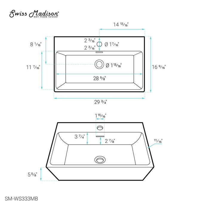 Swiss Madison Claire 30" Rectangle Wall-Mount Bathroom Sink in Matte Black - SM-WS333MB