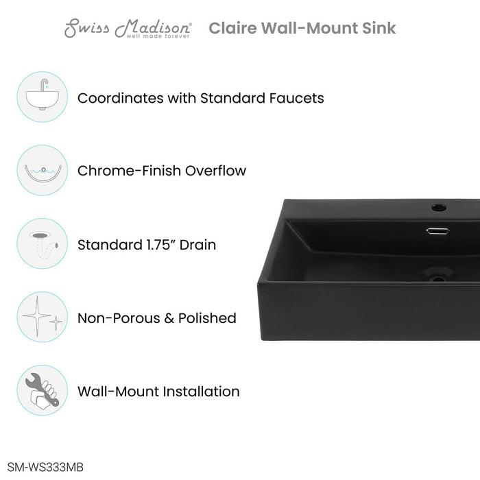 Swiss Madison Claire 30" Rectangle Wall-Mount Bathroom Sink in Matte Black - SM-WS333MB