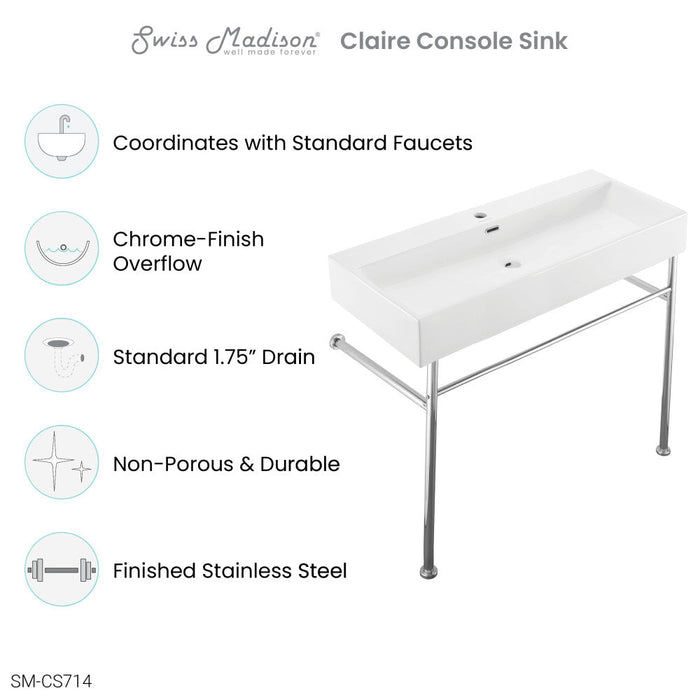 Swiss Madison Claire 40 Ceramic Console Sink White Basin Chrome Legs - SM-CS714