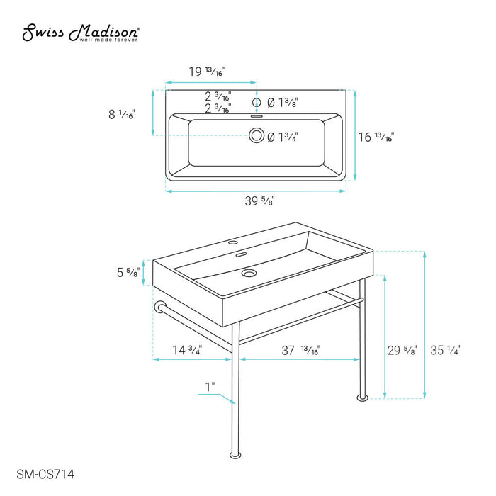 Swiss Madison Claire 40 Ceramic Console Sink White Basin Chrome Legs - SM-CS714