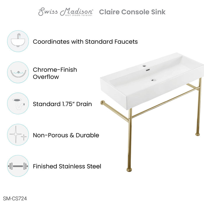 Swiss Madison Claire 40 Ceramic Console Sink White Basin Gold Legs - SM-CS724