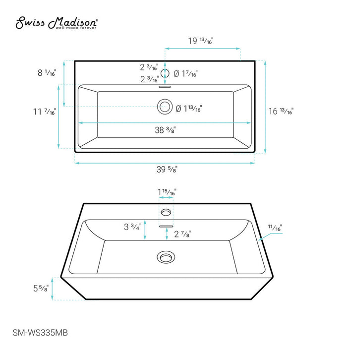 Swiss Madison Claire 40" Rectangle Wall-Mount Bathroom Sink in Matte Black - SM-WS335MB