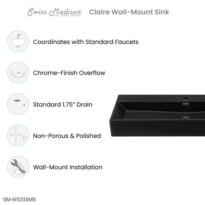 Swiss Madison Claire 40" Rectangle Wall-Mount Bathroom Sink in Matte Black - SM-WS335MB