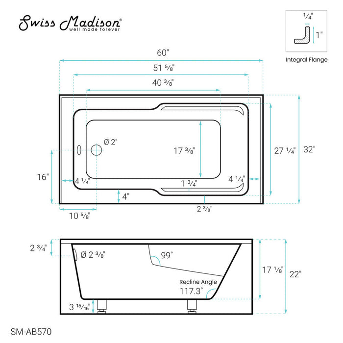 Swiss Madison Claire 60" x 32" Left-Hand Drain Drain Alcove Tub with Corner Apron - SM-AB570