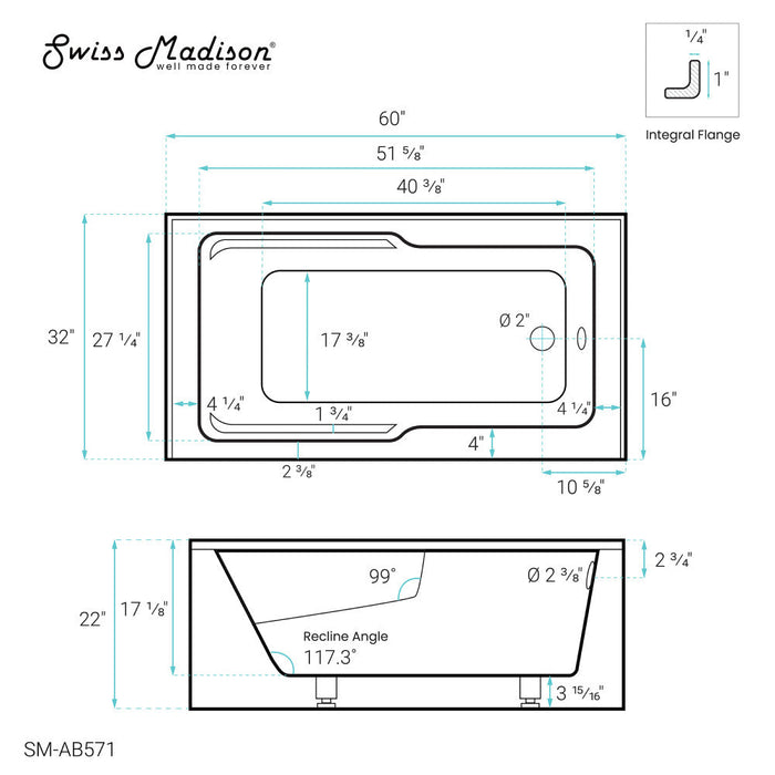 Swiss Madison Claire 60" x 32" Right-Hand Drain Drain Alcove Tub with Corner Apron - SM-AB571