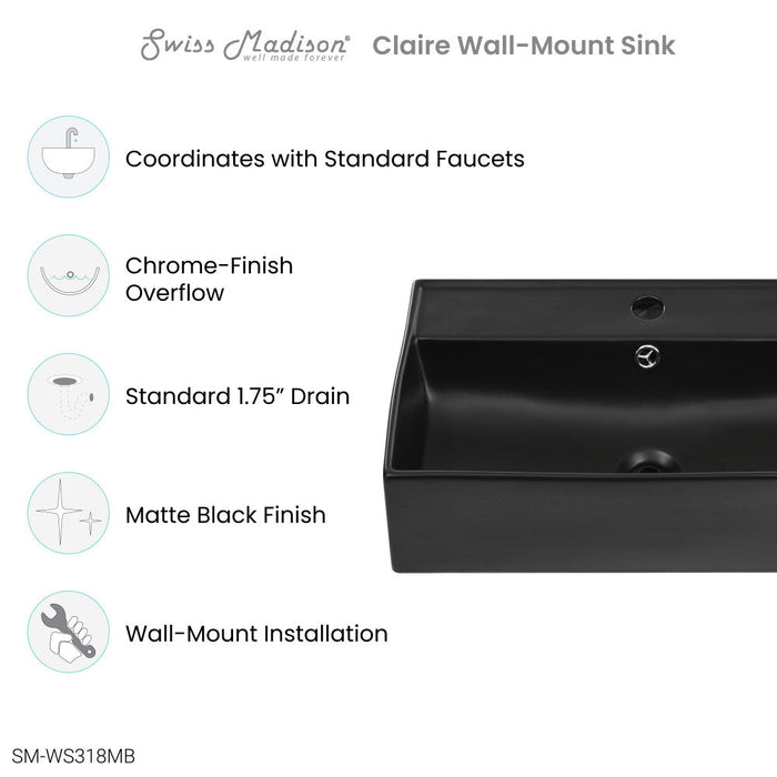 Swiss Madison Claire 22" Rectangle Wall-Mount Bathroom Sink in Matte Black - SM-WS318MB