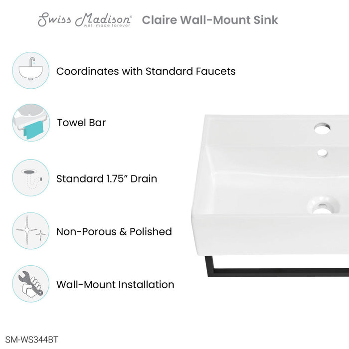 Swiss Madison Claire 22" Wall-Mount Bathroom Sink with Black Towel Bar - SM-WS344BT