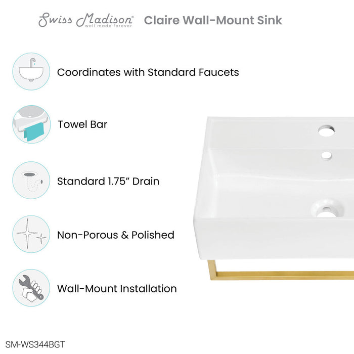 Swiss Madison Claire 22" Wall-Mount Bathroom Sink with Brushed Gold Towel Bar - SM-WS344BGT