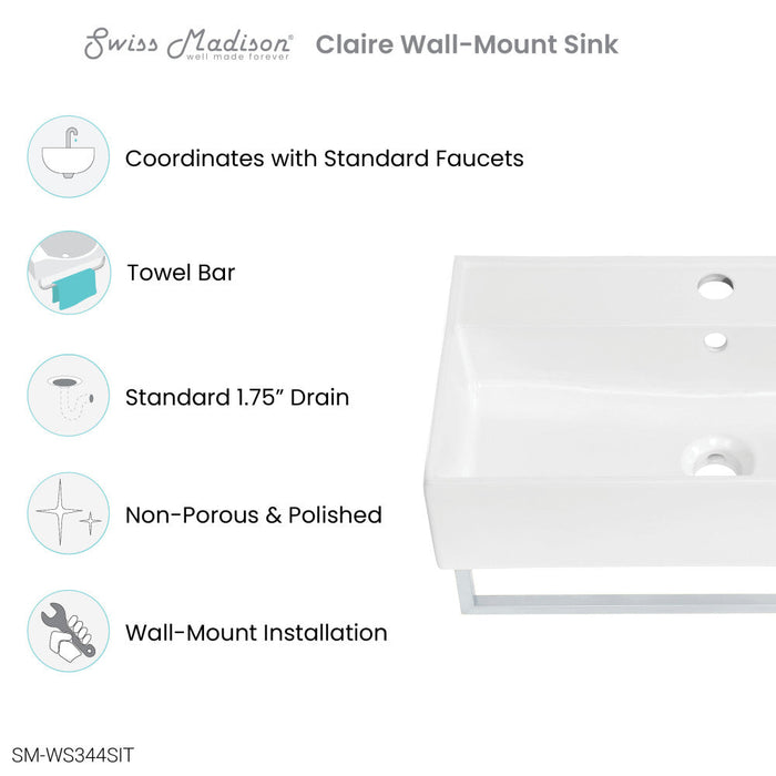 Swiss Madison Claire 22" Wall-Mount Bathroom Sink with Silver Towel Bar - SM-WS344SIT