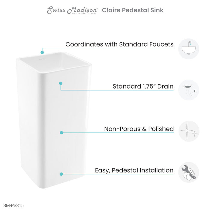 Swiss Madison Claire One-Piece Pedestal Sink - SM-PS315