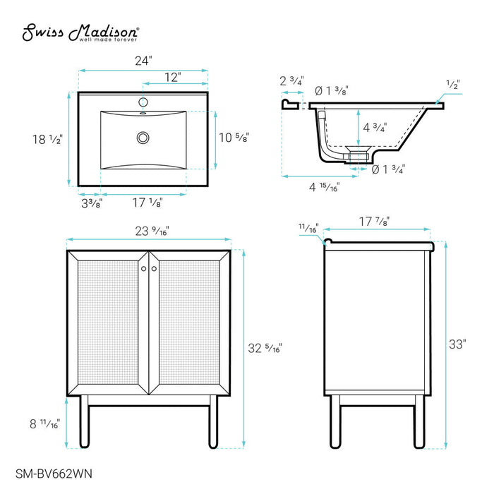 Swiss Madison Classe 24" Bathroom Vanity in Dark Walnut - SM-BV662WN