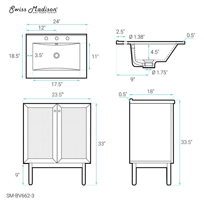 Swiss Madison Classe 24 in. Oak Bathroom Vanity With White, 3-Hole Ceramic Sink Top - SM-BV662-3