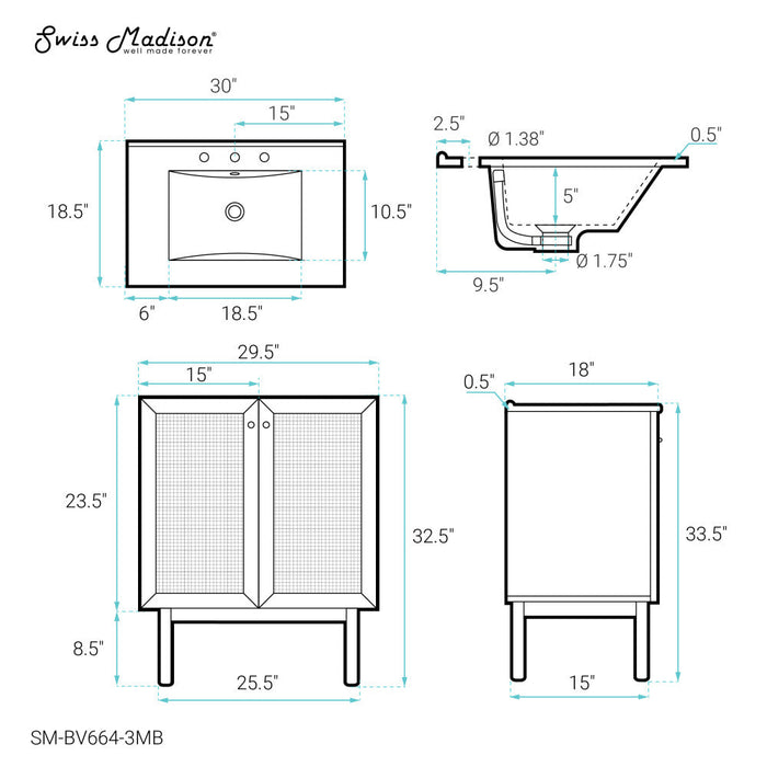 Swiss Madison Classe 30 in. Brown Oak Bathroom Vanity With Black, 3-Hole Ceramic Sink Top - SM-BV664-3MB