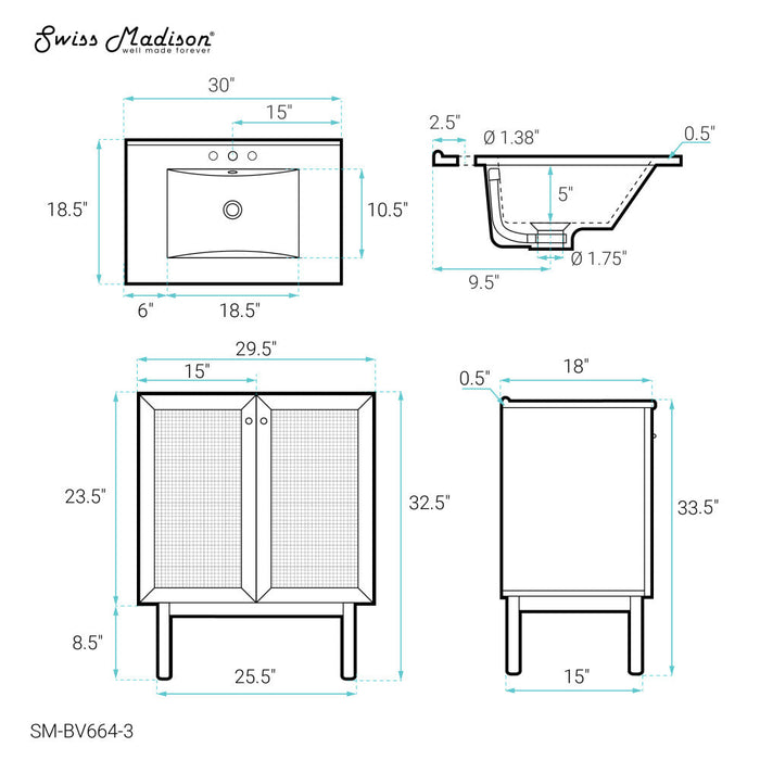 Swiss Madison Classe 30 in. Brown Oak Bathroom Vanity With White, 3-Hole Ceramic Sink Top - SM-BV664-3