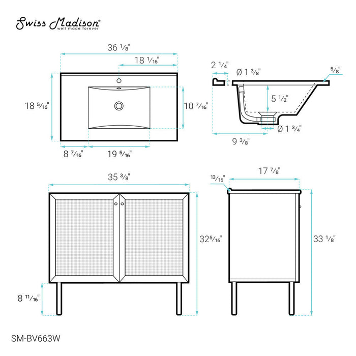 Swiss Madison Classe 36" Bathroom Vanity in White Oak - SM-BV663W