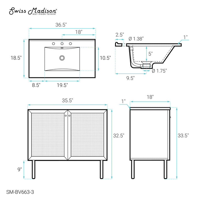 Swiss Madison Classe 36 in. Brown Bathroom Vanity With White, 3-Hole Ceramic Sink Top - SM-BV663-3