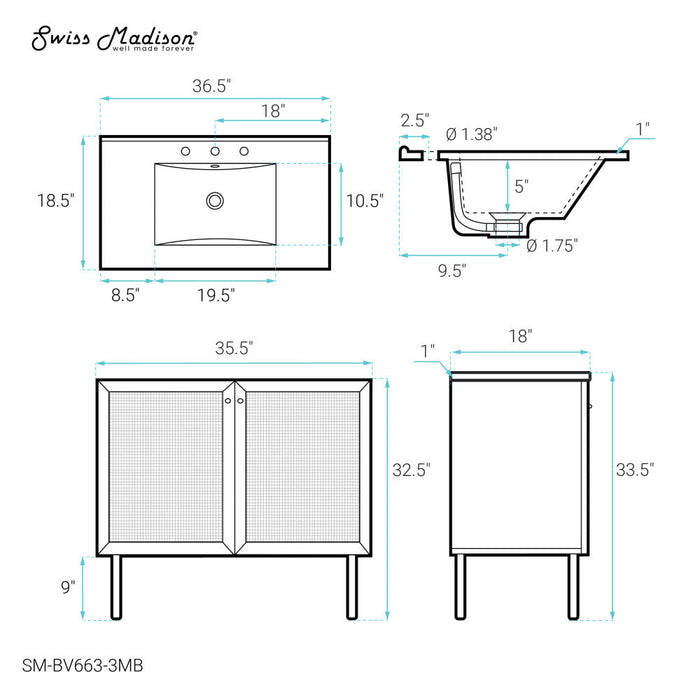 Swiss Madison Classe 36 in. Oak Bathroom Vanity With Black, 3-Hole Ceramic Sink Top - SM-BV663-3MB