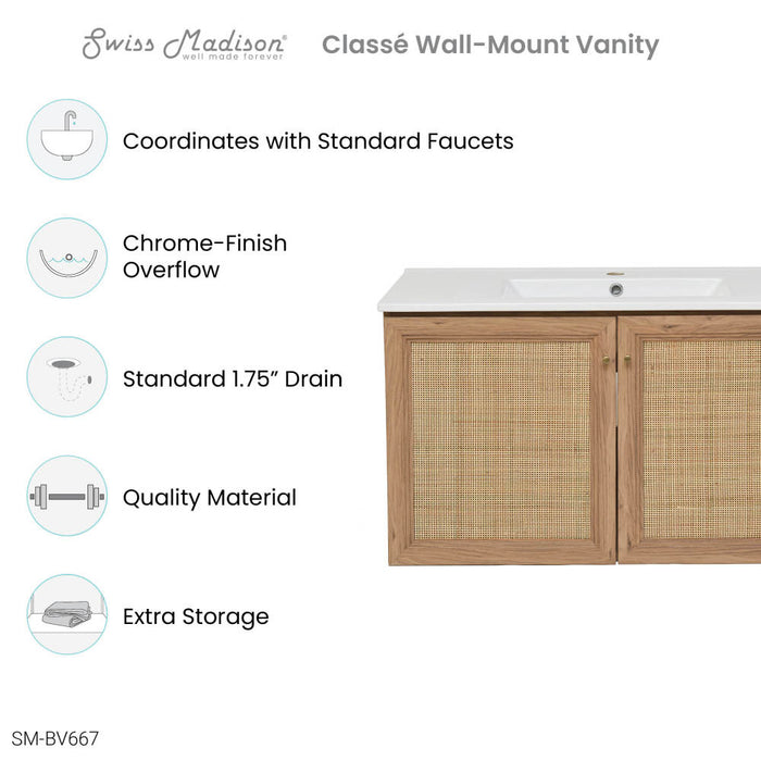 Swiss Madison Classe 36" Wall-Mounted Bathroom Vanity in Oak - SM-BV667