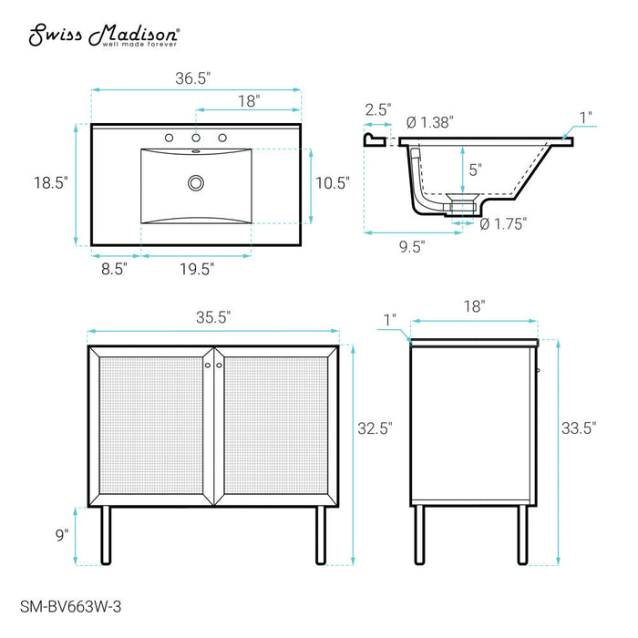 Swiss Madison Classe 36 in. White Oak Bathroom Vanity With White, 3-Hole Ceramic Sink Top - SM-BV663W-3