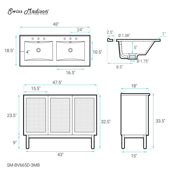 Swiss Madison Classe 48 in. Brown Oak, Double Basin Bathroom Vanity With Black, 3-Hole Ceramic Sink Top - SM-BV665D-3MB