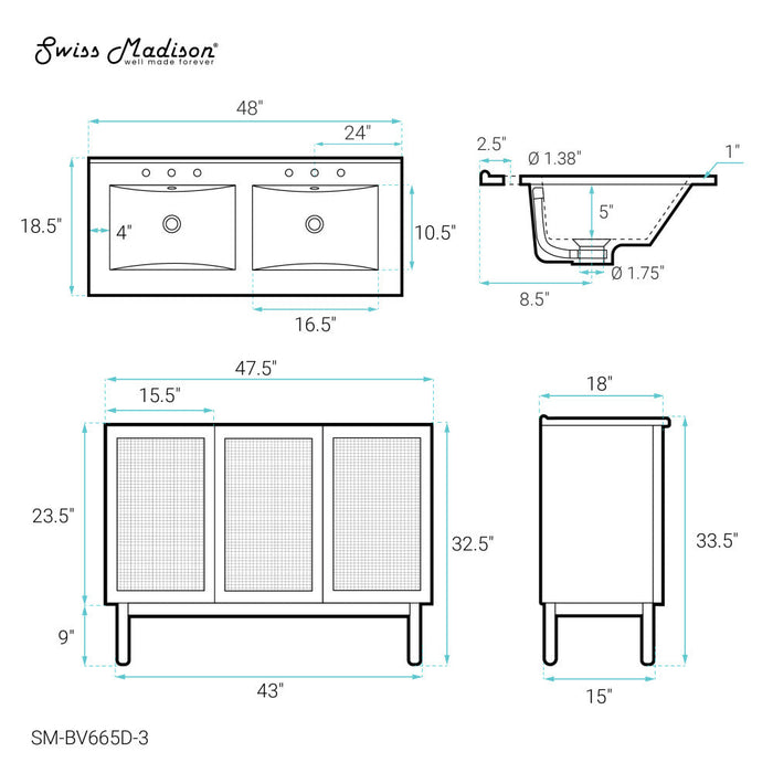 Swiss Madison Classe 48 in. Brown Oak, Double Basin Bathroom Vanity With White, 3-Hole Ceramic Sink Top - SM-BV665D-3