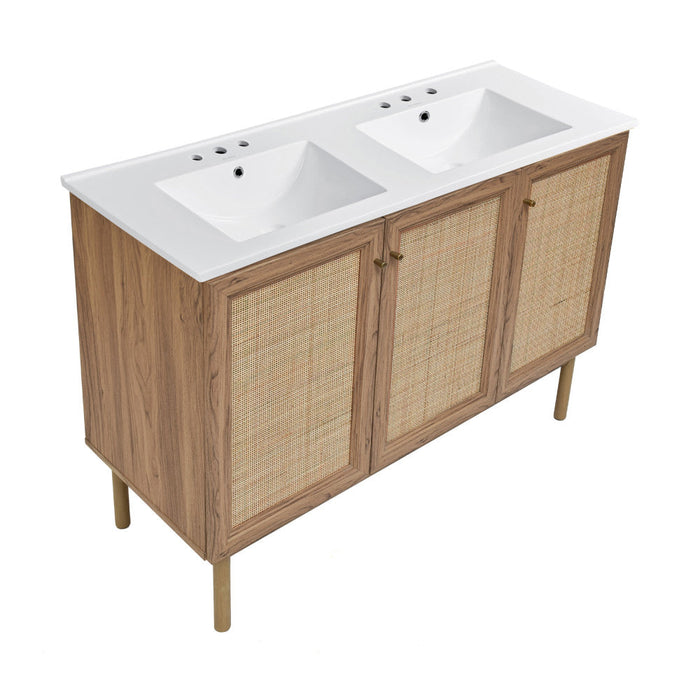 Swiss Madison Classe 48 in. Brown Oak, Double Basin Bathroom Vanity With White, 3-Hole Ceramic Sink Top - SM-BV665D-3