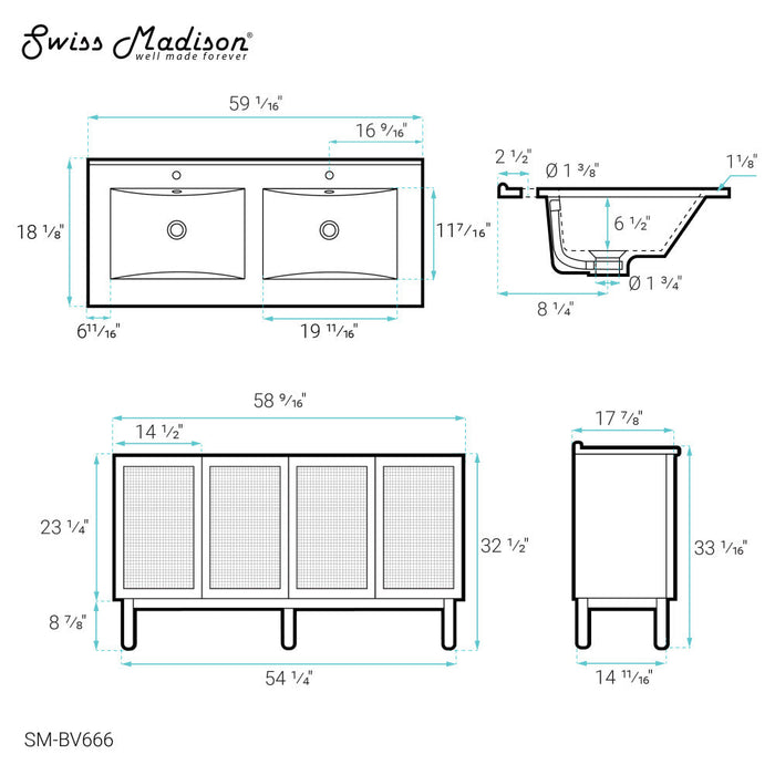 Swiss Madison Classe 59.5 in. Brown Oak Double Sink Bathroom Vanity with Single Hole White Artificial stone Sink Top - SM-BV666