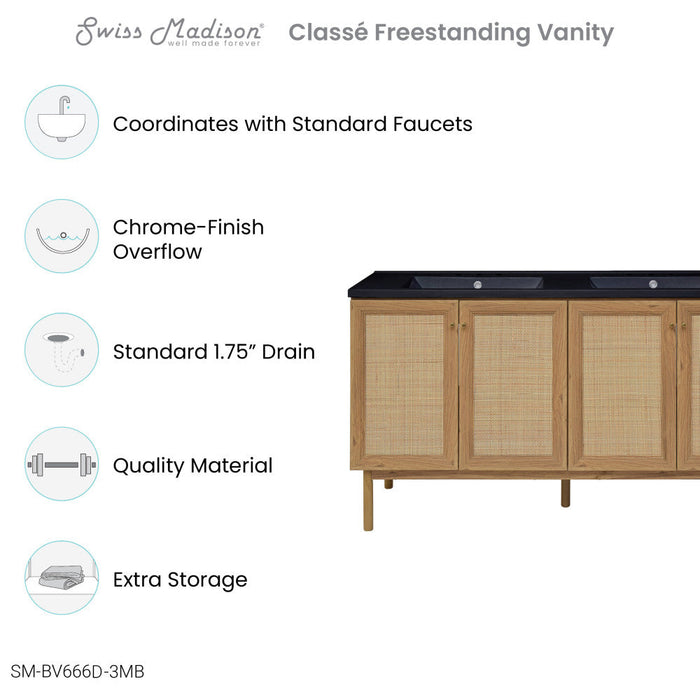 Swiss Madison Classe 60 in. Brown Oak, Double Basin Bathroom Vanity With Black, 3-Hole Artificial Stone Sink Top - SM-BV666D-3MB