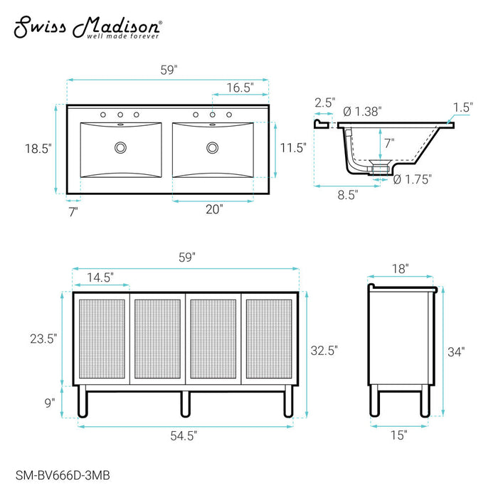 Swiss Madison Classe 60 in. Brown Oak, Double Basin Bathroom Vanity With Black, 3-Hole Artificial Stone Sink Top - SM-BV666D-3MB