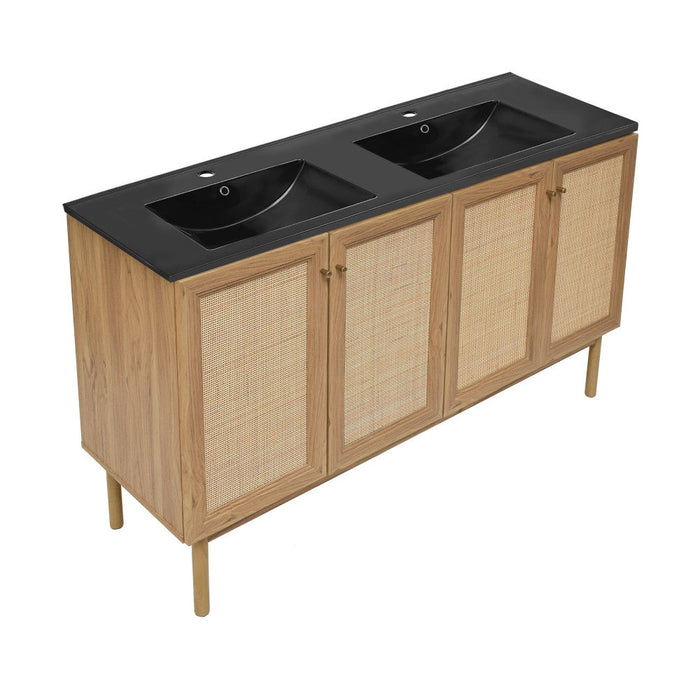 Swiss Madison Classe 60 in. Brown Oak, Double Basin Bathroom Vanity With Black Artificial Stone Sink Top - SM-BV666DMB