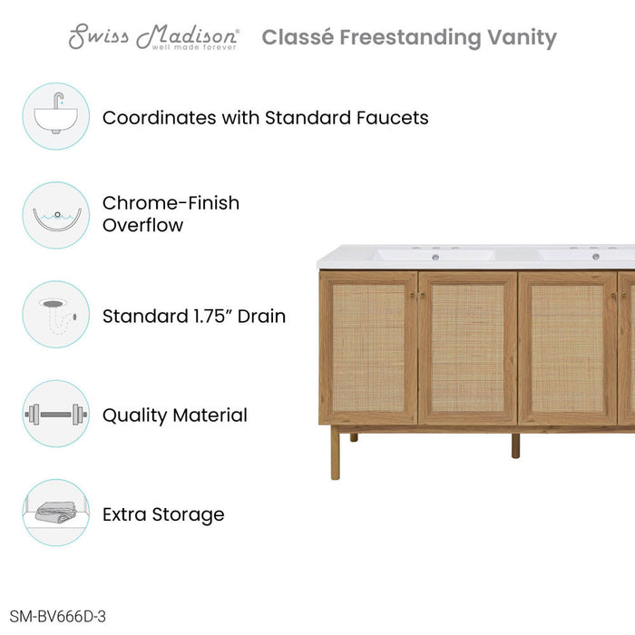 Swiss Madison Classe 60 in. Brown Oak, Double Basin Bathroom Vanity With White, 3-Hole Artificial Stone Sink Top - SM-BV666D-3