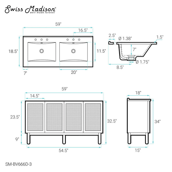 Swiss Madison Classe 60 in. Brown Oak, Double Basin Bathroom Vanity With White, 3-Hole Artificial Stone Sink Top - SM-BV666D-3