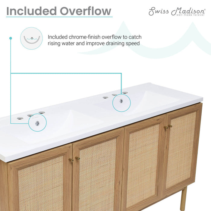 Swiss Madison Classe 60 in. Brown Oak, Double Basin Bathroom Vanity With White, 3-Hole Artificial Stone Sink Top - SM-BV666D-3