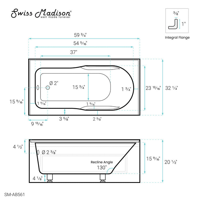 Swiss Madison Concorde 60" x 32" Acrylic Glossy White, Alcove, Integral, Left-Hand Drain, Apron Bathtub - SM-AB561