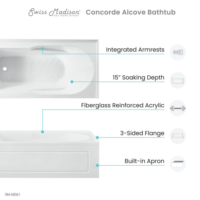 Swiss Madison Concorde 60" x 32" Acrylic Glossy White, Alcove, Integral, Left-Hand Drain, Apron Bathtub - SM-AB561