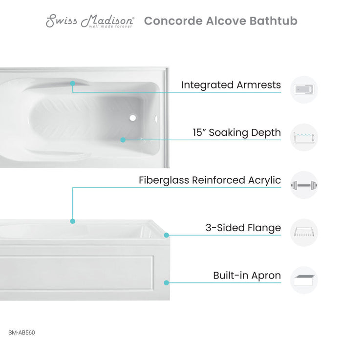 Swiss Madison Concorde 60" x 32" Acrylic Glossy White, Alcove, Integral, Right-Hand Drain, Apron Bathtub - SM-AB560