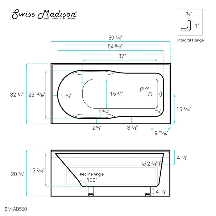 Swiss Madison Concorde 60" x 32" Acrylic Glossy White, Alcove, Integral, Right-Hand Drain, Apron Bathtub - SM-AB560