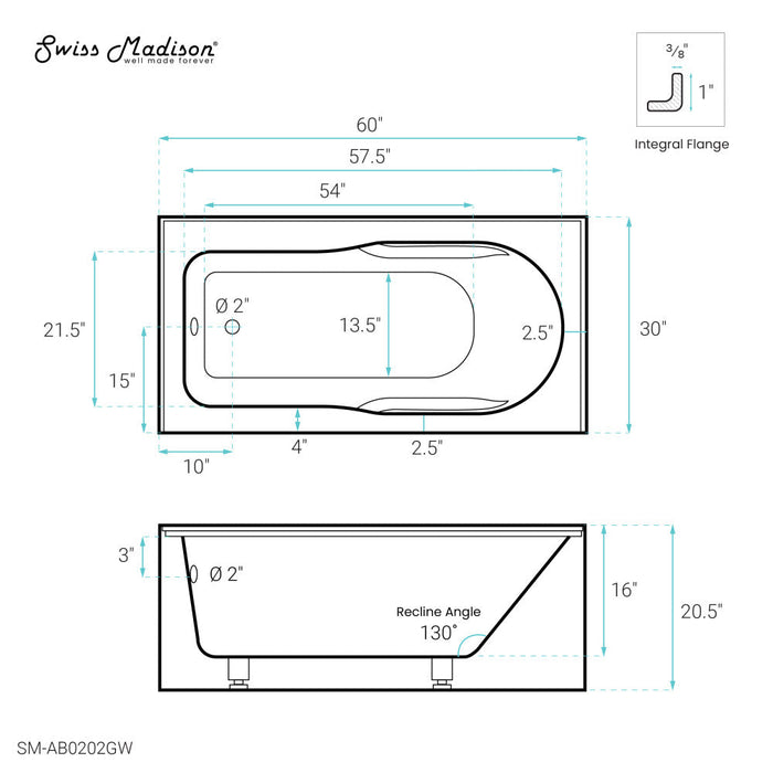 Swiss Madison Concorde 60" x 30" Left-Hand Drain Alcove Bathtub with Apron and Armrest - SM-AB0202GW