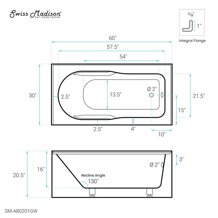 Swiss Madison Concorde 60" x 30" Right-Hand Drain Alcove Bathtub with Apron and Armrest - SM-AB0201GW