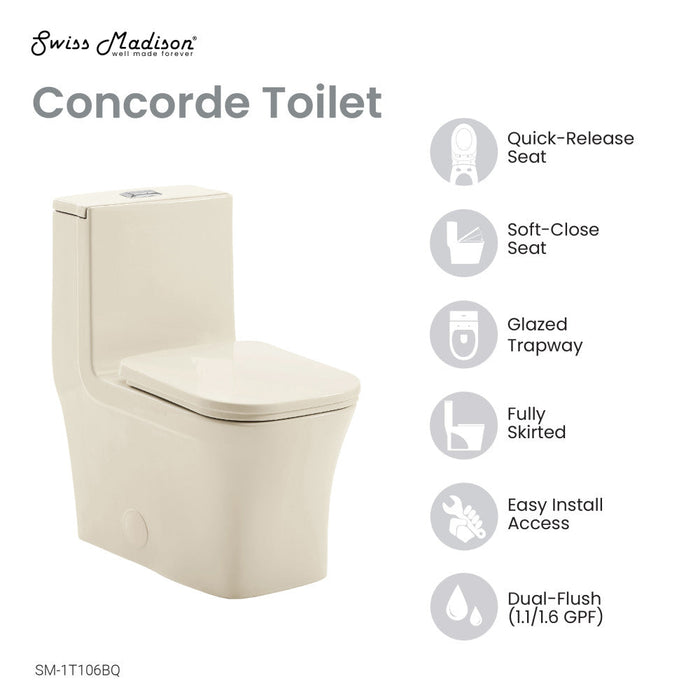 Swiss Madison Concorde One Piece Square Toilet Dual Flush 1.1/1.6 gpf in Bisque - SM-1T106BQ