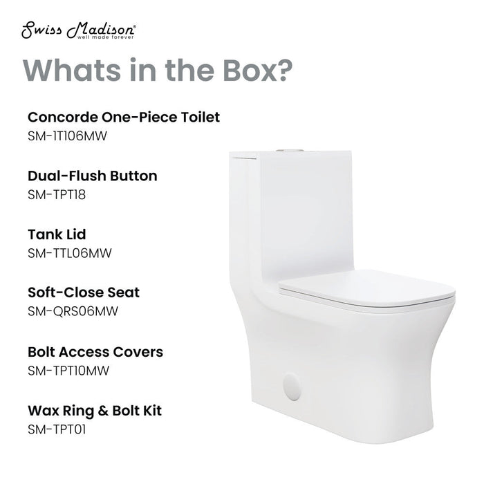 Swiss Madison Concorde One Piece Square Toilet Dual Flush 1.1/1.6 gpf in Matte White - SM-1T106MW