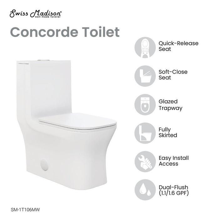 Swiss Madison Concorde One Piece Square Toilet Dual Flush 1.1/1.6 gpf in Matte White - SM-1T106MW