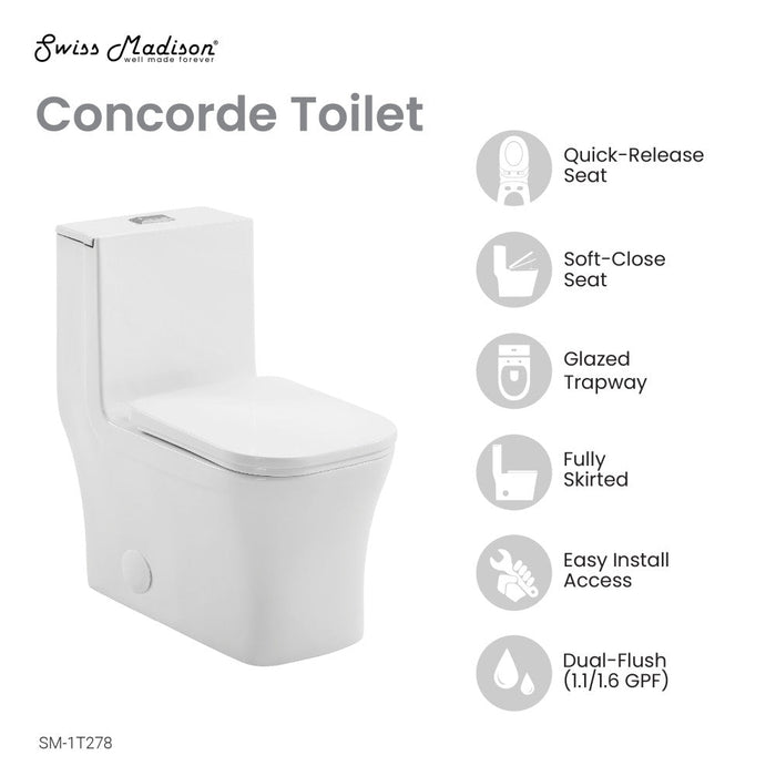 Swiss Madison Concorde One Piece Square Toilet Dual Flush 1.1/1.6 gpf with 10" Rough In - SM-1T278